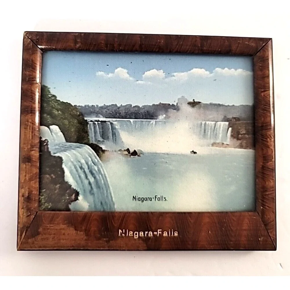 Niagara Falls Lithograph Print & Wooden Picture Frame Easel Stand Back 4.5